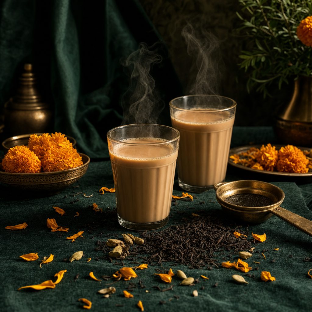 Two glasses of masala chai with steam, tea leaves and marigold petals on green linen
