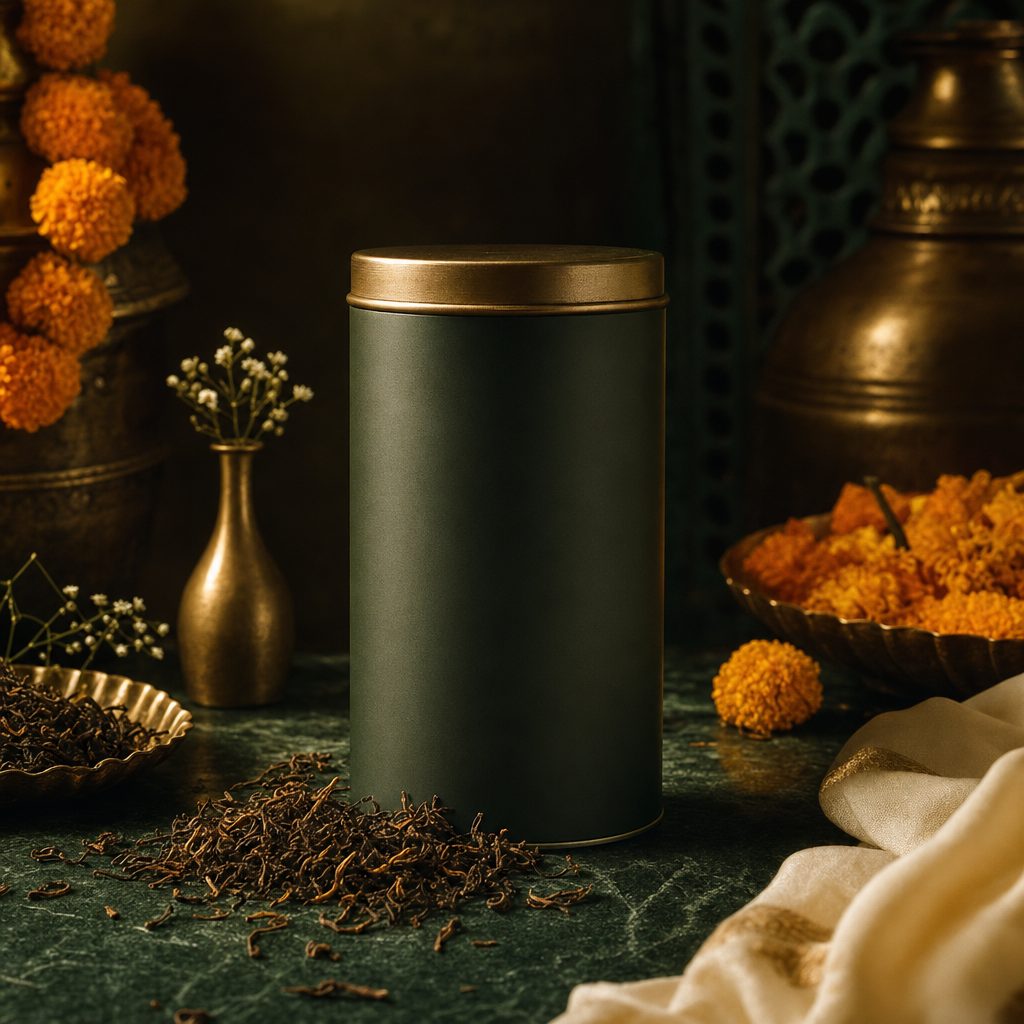 A plain deep green tea tin with a brass lid and scattered Assam leaves