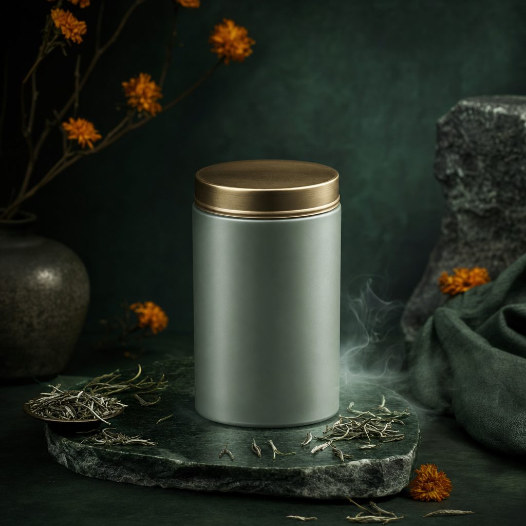 A frosted silver green tea tin with pale tea leaves and mist